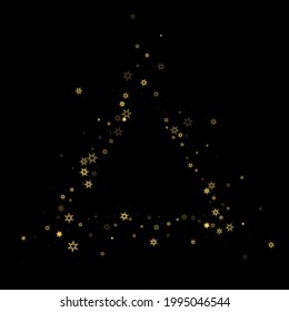 Falling Snow flakes golden pattern. Illustration with flying gold snow, frost, snowfall. Winter print for christmas celebration on black night background. Holiday Vector illustration for New Year.