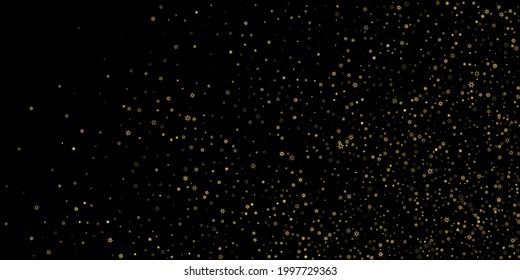 Falling Snow flakes golden pattern. Illustration with flying gold snow, frost, snowfall. Winter print for christmas celebration on black night background. Holiday Vector illustration for New Year.