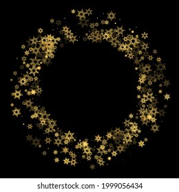 Falling Snow flakes golden pattern. Illustration with flying gold snow, frost, snowfall. Winter print for christmas celebration on black night background. Holiday Vector illustration for New Year.