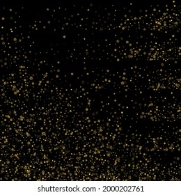 Falling Snow flakes golden pattern. Illustration with flying gold snow, frost, snowfall. Winter print for christmas celebration on black night background. Holiday Vector illustration for New Year.
