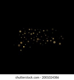 Falling Snow flakes golden pattern. Illustration with flying gold snow, frost, snowfall. Winter print for christmas celebration on black night background. Holiday Vector illustration for New Year.