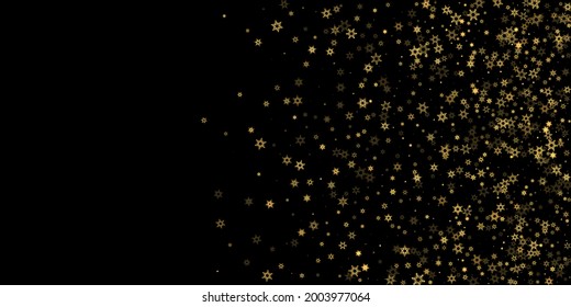 Falling Snow flakes golden pattern. Illustration with flying gold snow, frost, snowfall. Winter print for christmas celebration on black night background. Holiday Vector illustration for New Year.