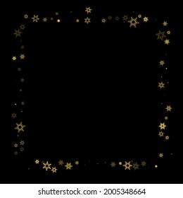 Falling Snow flakes golden pattern. Illustration with flying gold snow, frost, snowfall. Winter print for christmas celebration on black night background. Holiday Vector illustration for New Year.