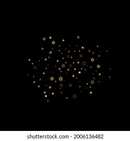 Falling Snow flakes golden pattern. Illustration with flying gold snow, frost, snowfall. Winter print for christmas celebration on black night background. Holiday Vector illustration for New Year.