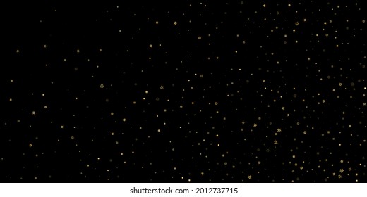 La nieve en caída tiñe un patrón dorado. Ilustración con nieve de oro volando, helada, nevada. Impresión de invierno para celebración de navidad en el fondo negro de la noche. Ilustración del vector de vacaciones para Año Nuevo.
