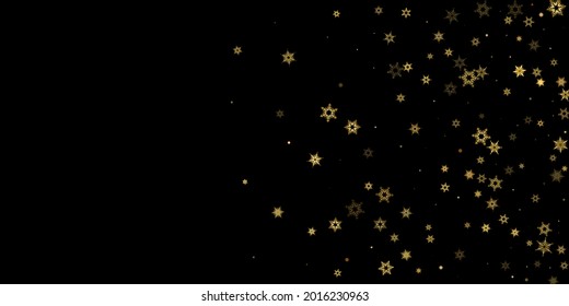 Falling Snow flakes golden pattern. Illustration with flying gold snow, frost, snowfall. Winter print for christmas celebration on black night background. Holiday Vector illustration for New Year.