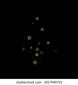 Falling Snow flakes golden pattern. Illustration with flying gold snow, frost, snowfall. Winter print for christmas celebration on black night background. Holiday Vector illustration for New Year.