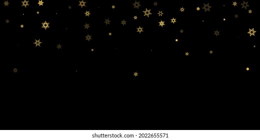Falling Snow flakes golden pattern. Illustration with flying gold snow, frost, snowfall. Winter print for christmas celebration on black night background. Holiday Vector illustration for New Year.