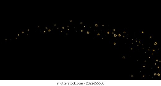 Falling Snow flakes golden pattern. Illustration with flying gold snow, frost, snowfall. Winter print for christmas celebration on black night background. Holiday Vector illustration for New Year.