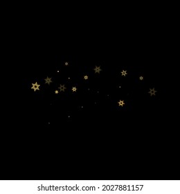 La nieve en caída tiñe un patrón dorado. Ilustración con nieve de oro volando, helada, nevada. Impresión de invierno para celebración de navidad en el fondo negro de la noche. Ilustración del vector de vacaciones para Año Nuevo.