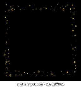 Falling Snow flakes golden pattern. Illustration with flying gold snow, frost, snowfall. Winter print for christmas celebration on black night background. Holiday Vector illustration for New Year.