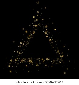 Falling Snow flakes golden pattern. Illustration with flying gold snow, frost, snowfall. Winter print for christmas celebration on black night background. Holiday Vector illustration for New Year.