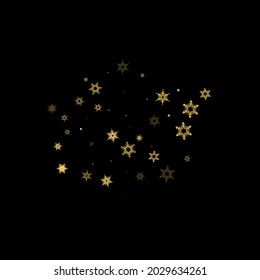 Falling Snow flakes golden pattern. Illustration with flying gold snow, frost, snowfall. Winter print for christmas celebration on black night background. Holiday Vector illustration for New Year.