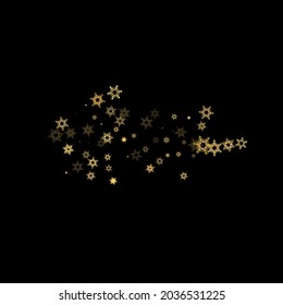 Falling Snow flakes golden pattern. Illustration with flying gold snow, frost, snowfall. Winter print for christmas celebration on black night background. Holiday Vector illustration for New Year.