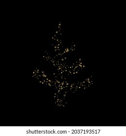 Falling Snow flakes golden pattern. Illustration with flying gold snow, frost, snowfall. Winter print for christmas celebration on black night background. Holiday Vector illustration for New Year.