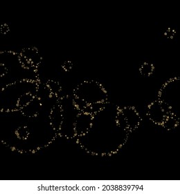 Falling Snow flakes golden pattern. Illustration with flying gold snow, frost, snowfall. Winter print for christmas celebration on black night background. Holiday Vector illustration for New Year.