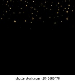 Falling Snow flakes golden pattern. Illustration with flying gold snow, frost, snowfall. Winter print for christmas celebration on black night background. Holiday Vector illustration for New Year.