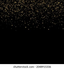 Falling Snow flakes golden pattern. Illustration with flying gold snow, frost, snowfall. Winter print for christmas celebration on black night background. Holiday Vector illustration for New Year.