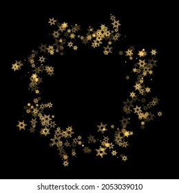 Falling Snow flakes golden pattern. Illustration with flying gold snow, frost, snowfall. Winter print for christmas celebration on black night background. Holiday Vector illustration for New Year.