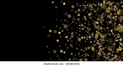 Falling Snow flakes golden pattern. Illustration with flying gold snow, frost, snowfall. Winter print for christmas celebration on black night background. Holiday Vector illustration for New Year.