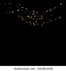 Falling Snow flakes golden pattern. Illustration with flying gold snow, frost, snowfall. Winter print for christmas celebration on black night background. Holiday Vector illustration for New Year.