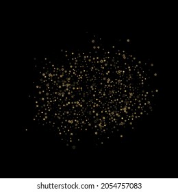 Falling Snow flakes golden pattern. Illustration with flying gold snow, frost, snowfall. Winter print for christmas celebration on black night background. Holiday Vector illustration for New Year.
