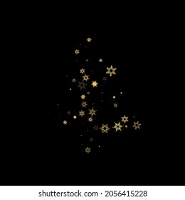 Falling Snow flakes golden pattern. Illustration with flying gold snow, frost, snowfall. Winter print for christmas celebration on black night background. Holiday Vector illustration for New Year.