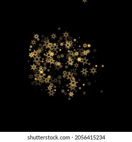 La nieve en caída tiñe un patrón dorado. Ilustración con nieve de oro volando, helada, nevada. Impresión de invierno para celebración de navidad en el fondo negro de la noche. Ilustración del vector de vacaciones para Año Nuevo.