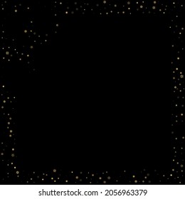 Falling Snow flakes golden pattern. Illustration with flying gold snow, frost, snowfall. Winter print for christmas celebration on black night background. Holiday Vector illustration for New Year.