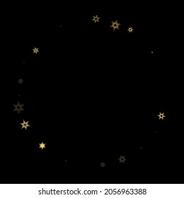 Falling Snow flakes golden pattern. Illustration with flying gold snow, frost, snowfall. Winter print for christmas celebration on black night background. Holiday Vector illustration for New Year.