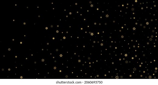 Falling Snow flakes golden pattern. Illustration with flying gold snow, frost, snowfall. Winter print for christmas celebration on black night background. Holiday Vector illustration for New Year.