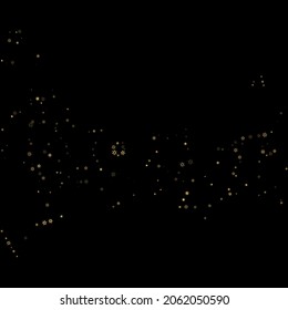 Falling Snow flakes golden pattern. Illustration with flying gold snow, frost, snowfall. Winter print for christmas celebration on black night background. Holiday Vector illustration for New Year.