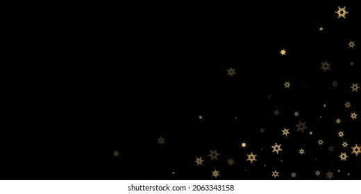 Falling Snow flakes golden pattern. Illustration with flying gold snow, frost, snowfall. Winter print for christmas celebration on black night background. Holiday Vector illustration for New Year.