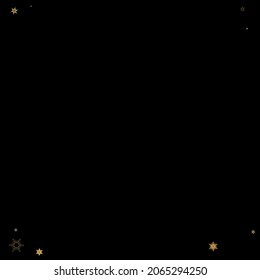 Falling Snow flakes golden pattern. Illustration with flying gold snow, frost, snowfall. Winter print for christmas celebration on black night background. Holiday Vector illustration for New Year.