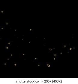 Falling Snow flakes golden pattern. Illustration with flying gold snow, frost, snowfall. Winter print for christmas celebration on black night background. Holiday Vector illustration for New Year.