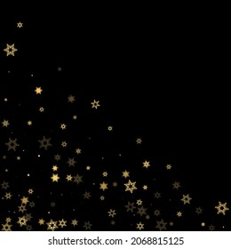 Falling Snow flakes golden pattern. Illustration with flying gold snow, frost, snowfall. Winter print for christmas celebration on black night background. Holiday Vector illustration for New Year.