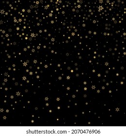Falling Snow flakes golden pattern. Illustration with flying gold snow, frost, snowfall. Winter print for christmas celebration on black night background. Holiday Vector illustration for New Year.