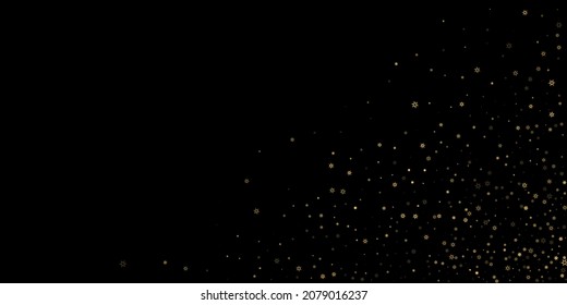 Falling Snow flakes golden pattern. Illustration with flying gold snow, frost, snowfall. Winter print for christmas celebration on black night background. Holiday Vector illustration for New Year.