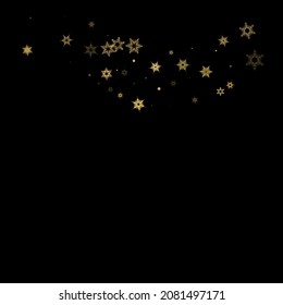 Fallender Schnee flattert goldenes Muster. Illustration mit fliegendem Goldschnee, Frost, Schneefall. Winterdruck für Weihnachten auf schwarzem Nachthintergrund. Ferienvektorgrafik für Neujahr.