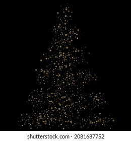 Falling Snow flakes golden pattern. Illustration with flying gold snow, frost, snowfall. Winter print for christmas celebration on black night background. Holiday Vector illustration for New Year.