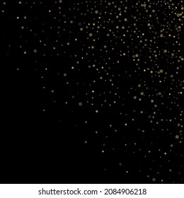 Falling Snow flakes golden pattern. Illustration with flying gold snow, frost, snowfall. Winter print for christmas celebration on black night background. Holiday Vector illustration for New Year.