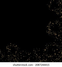 Falling Snow flakes golden pattern. Illustration with flying gold snow, frost, snowfall. Winter print for christmas celebration on black night background. Holiday Vector illustration for New Year.