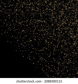 Falling Snow flakes golden pattern. Illustration with flying gold snow, frost, snowfall. Winter print for christmas celebration on black night background. Holiday Vector illustration for New Year.