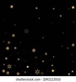 Falling Snow flakes golden pattern. Illustration with flying gold snow, frost, snowfall. Winter print for christmas celebration on black night background. Holiday Vector illustration for New Year.