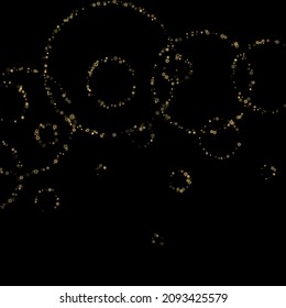 Falling Snow flakes golden pattern. Illustration with flying gold snow, frost, snowfall. Winter print for christmas celebration on black night background. Holiday Vector illustration for New Year.