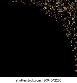 Falling Snow flakes golden pattern. Illustration with flying gold snow, frost, snowfall. Winter print for christmas celebration on black night background. Holiday Vector illustration for New Year.