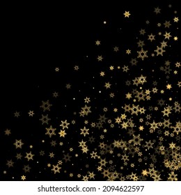Fallender Schnee flattert goldenes Muster. Illustration mit fliegendem Goldschnee, Frost, Schneefall. Winterdruck für Weihnachten auf schwarzem Nachthintergrund. Ferienvektorgrafik für Neujahr.