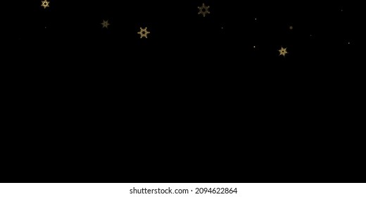 Falling Snow flakes golden pattern. Illustration with flying gold snow, frost, snowfall. Winter print for christmas celebration on black night background. Holiday Vector illustration for New Year.