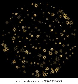 Falling Snow flakes golden pattern. Illustration with flying gold snow, frost, snowfall. Winter print for christmas celebration on black night background. Holiday Vector illustration for New Year.