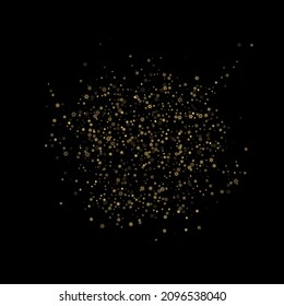 Falling Snow flakes golden pattern. Illustration with flying gold snow, frost, snowfall. Winter print for christmas celebration on black night background. Holiday Vector illustration for New Year.